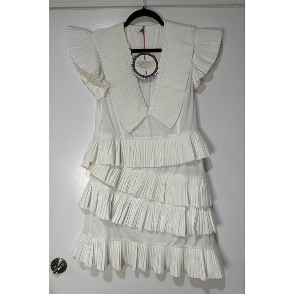 Celia B Bjorn Dress White Crisp Cotton Size Large NWT Pleated Ruffled Trim - Picture 2 of 16